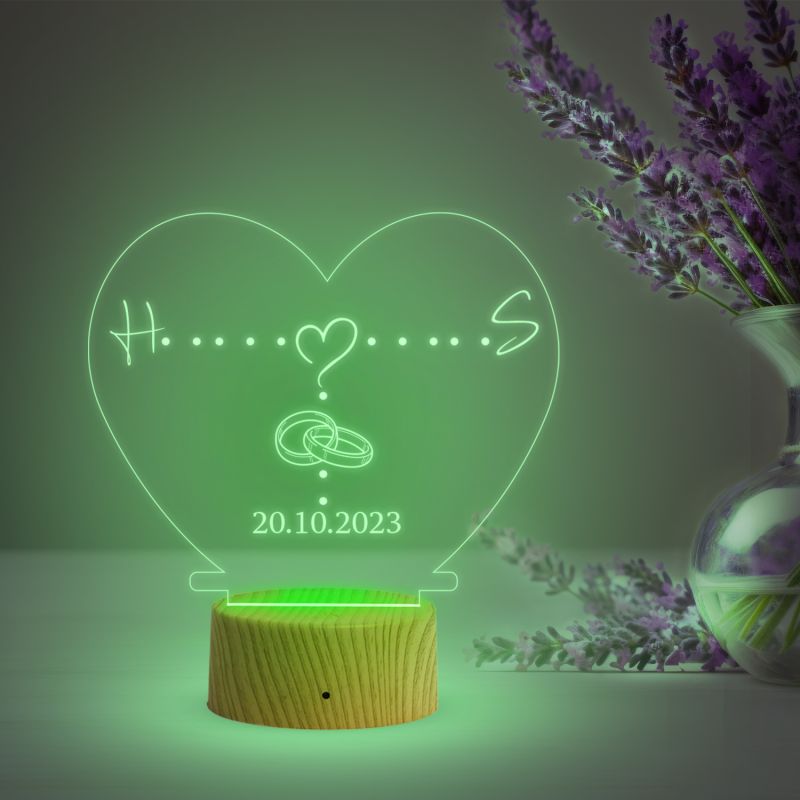 Heart Shape Night Lamp with Automatic Color Changing Light Customized with Alphabet Letter & Date | Gift for Anniversary, Birthday, Engagement, Couple Gift